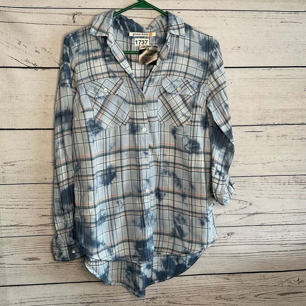GIVEN KALE Women’s acid wash BLUE FLANNEL SHIRT‎ Long slv Plaid Tie-Back size XS